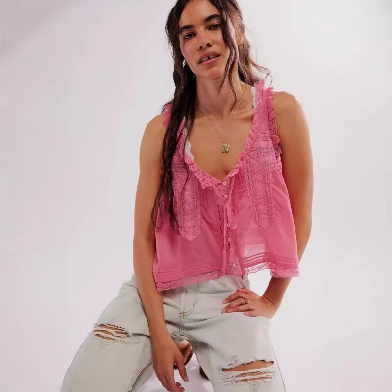 

Y2k Fashion Solid Top Summer Women's Leisure Beach Vacation Loose Single Breasted Cardigan Shirt Ladies Thin Lace Design Blouses