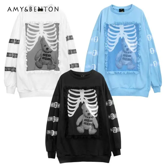 

Японский Harajuku субкультура мультфильм принт круглый вырез свитшот с длинными рукавами High Street готический лоскутный топ средней длины большого размера