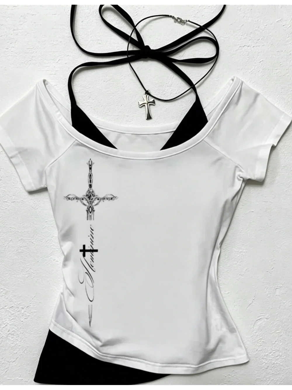 2026 New Summer Y2K Gothic Cross Sword Printed Short Sleeve Top, Fake Two Piece Neck Hanging T-shirt Punk Street Trendy Casual