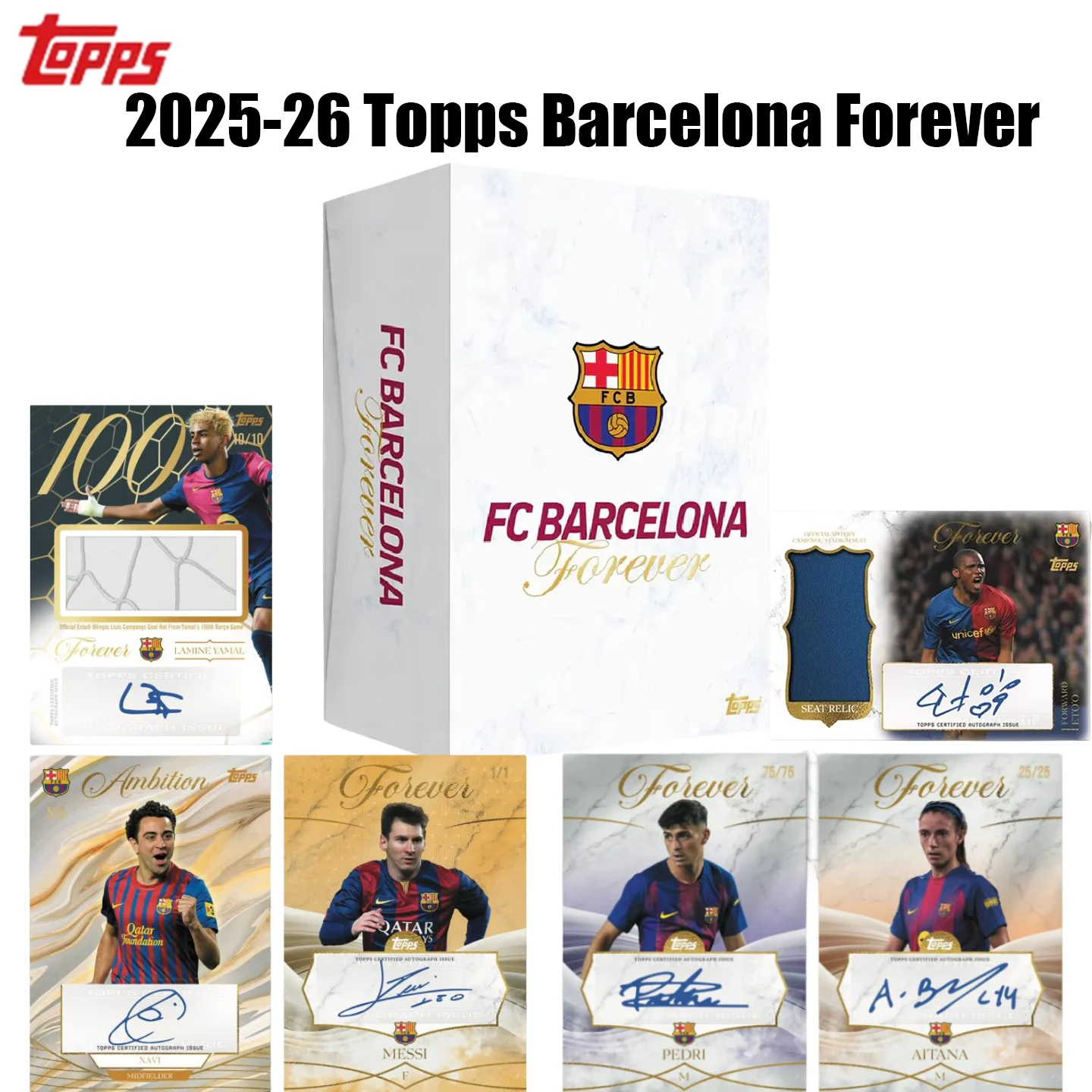 

Коллекционные футбольные карточки Topps Barcelona Forever Team Box 25-26, подарочный набор с редкими экземплярами с автографами легенд Барселоны