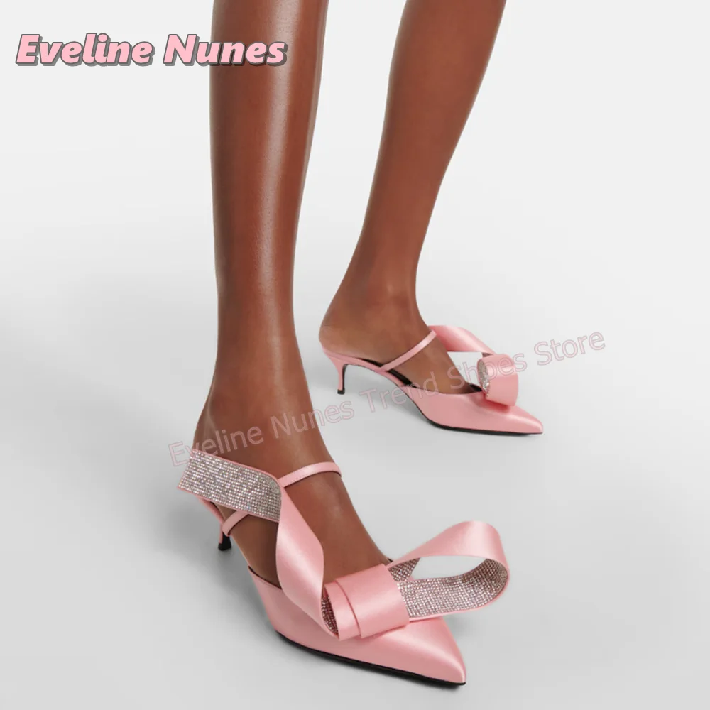 Hot Pink Satin Large Bow Rhinestone Sandals Open Toe Stiletto Ankle Strap Buckle Elegant Wedding Party Dress High Heels Summer view 2