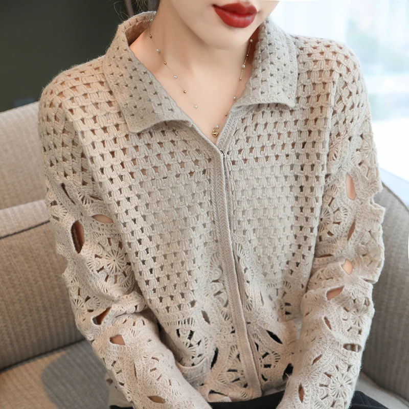 Embroidered Hollow Pure Wool Knitted Cardigan Women\'s Lapel Loose Fashion Casual Single-Breasted Long-Sleeved Coat JQ324