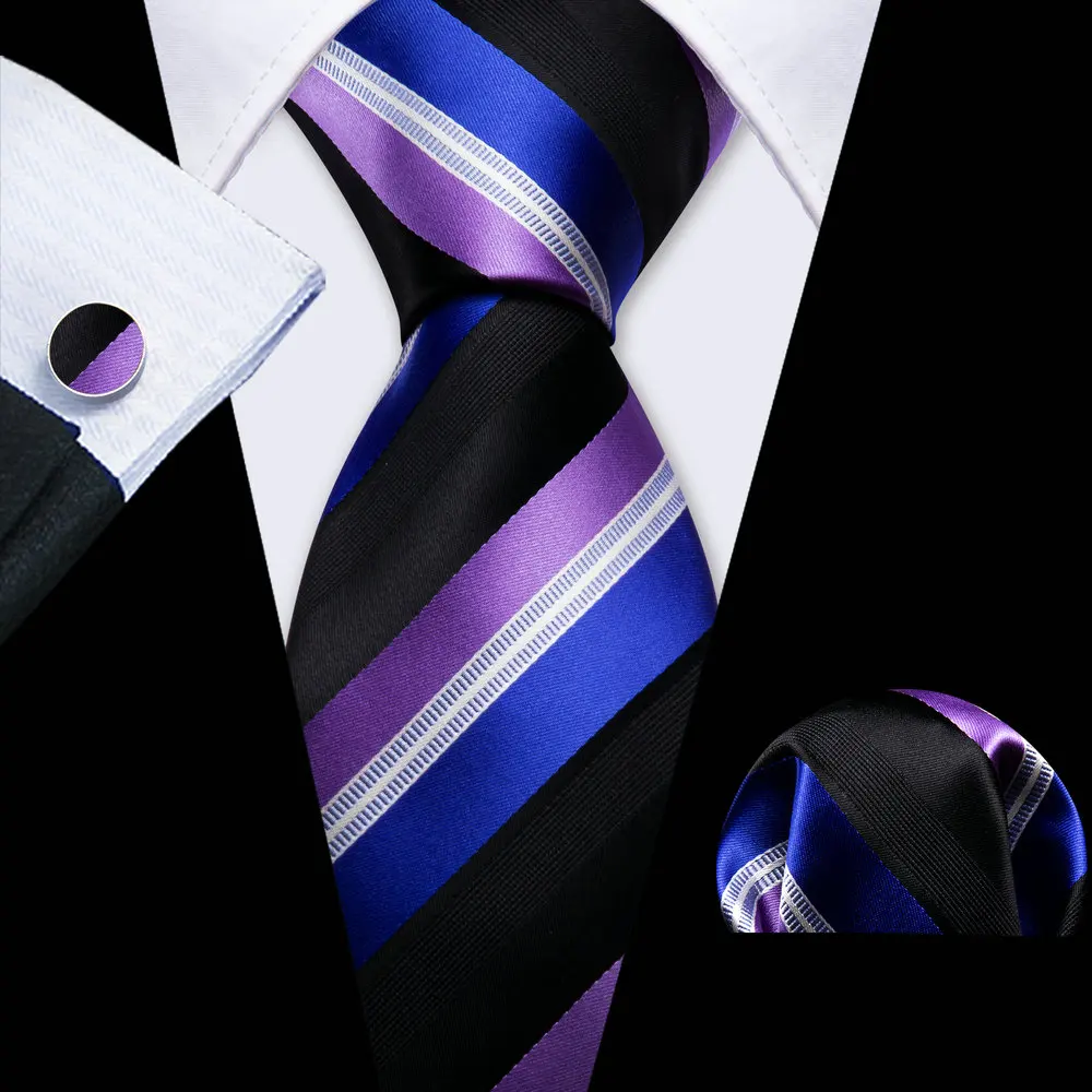 

Black Blue Purple White Stripe Ties For Men Business Silk Woven Handkerchief Cufflinks Set Formal Party Designer Barry.Wang 6646