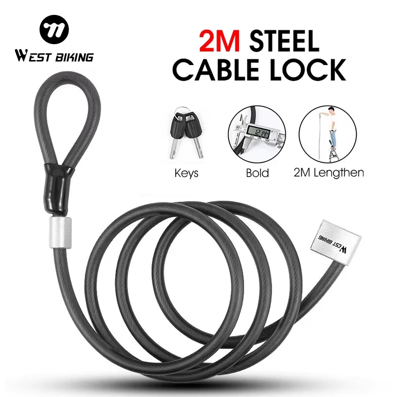 WEST BIKING 2M Bike Steel Cable Lock Anti-theft Security MTB Road Bike Motorcycle E-Bike Lock With 2 Keys Bicycle  Accessories