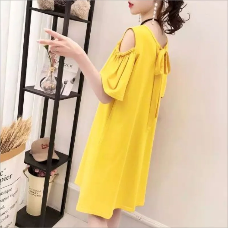 Women Patchwork Sexy Off Shoulder T Shirt Beach Midi Dress Summer Trendy Short Sleeve Chic Simple Party Dresses