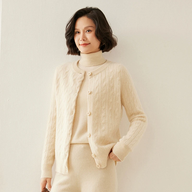 Women's 100% Pure Cashmere Cardigan Thickened round Neck Knitted Sweater Simple Versatile Autumn Winter Comfortable Top