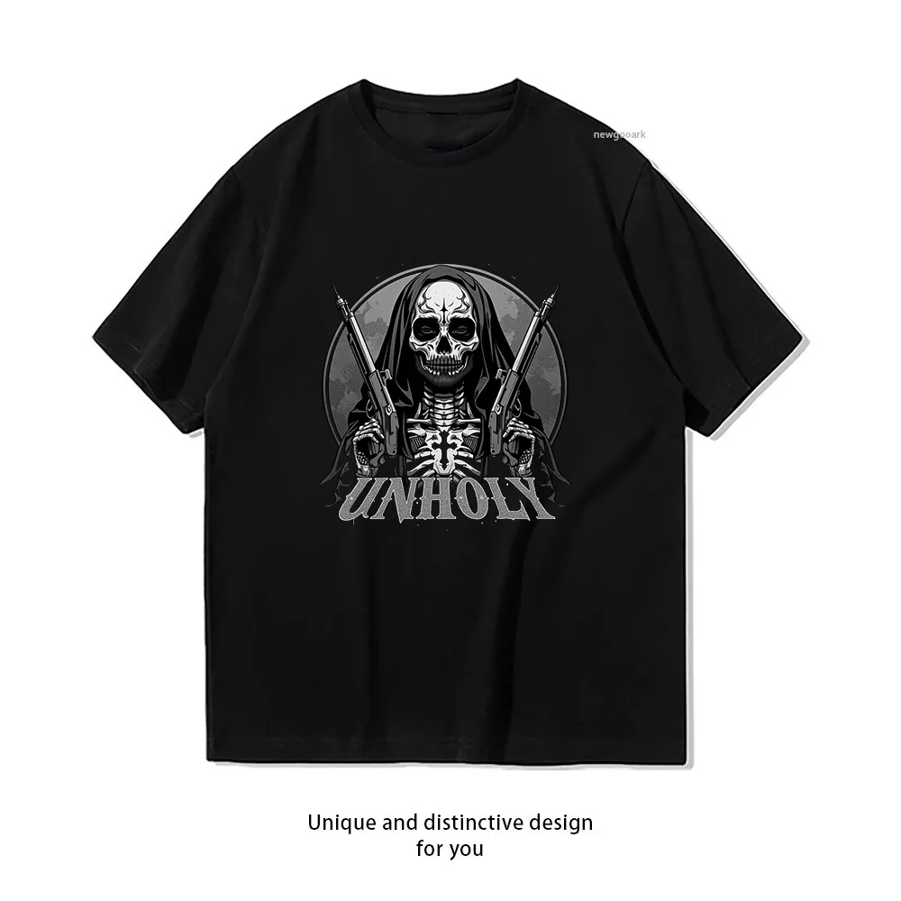 Grim Reaper Guns Unholy T-shirt Design  Casual Cotton Short Sleeve Tee for Men Women