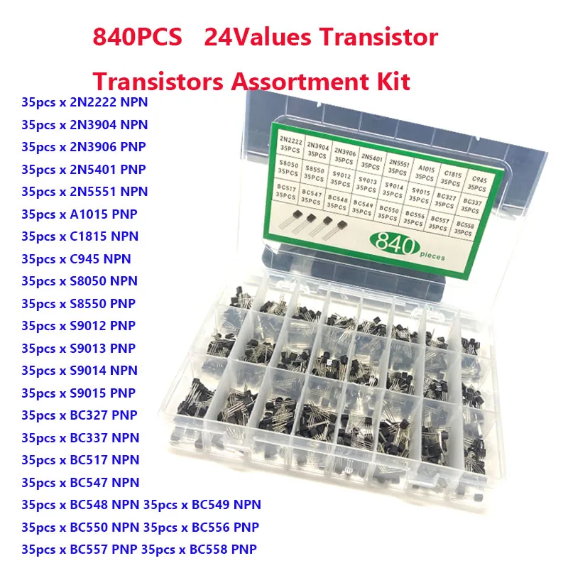 840PCS TO-92 24Value Transistor Kit Assortment Box BC547 BC327 BC337 2N2222 3904 3906 C945 Transistors Set Electronics Kit