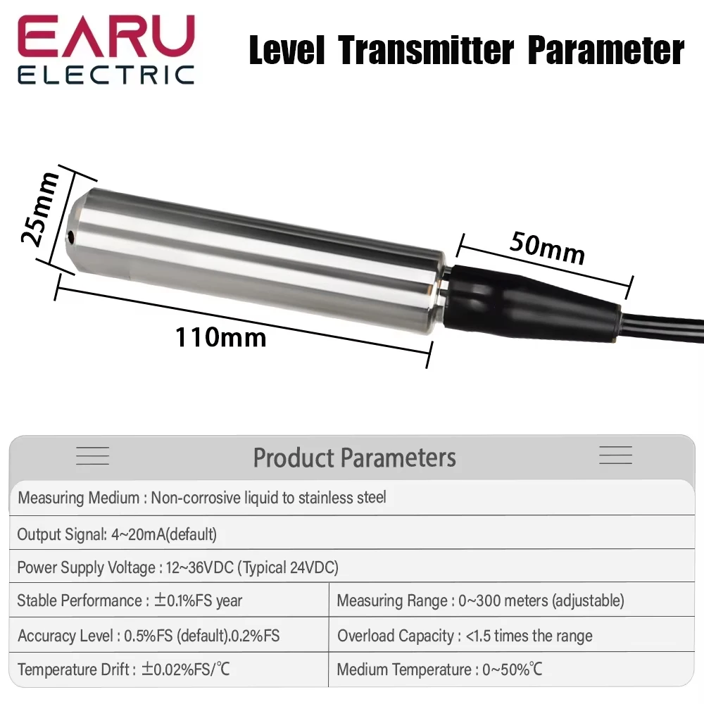 4-20MA Output Integral Level Transmitter Liquid Oil Water Level Sensor Probe Detect Controller Float Switch 1-10m RS485 for Pump