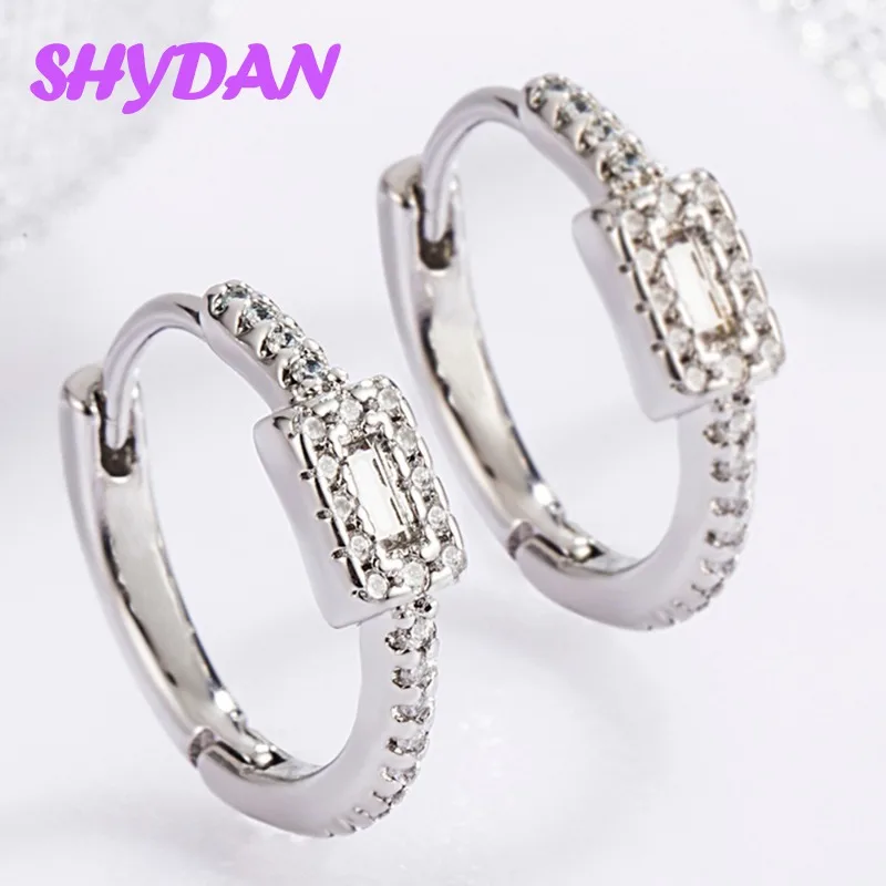 SHYDAN 925 Sterling Silver 4MM Square Zircon Hoop Earring For Women Girls Fashion Jewelry
