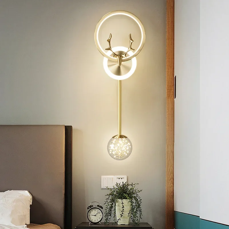 Bedroom bedside reading wall light hotel living room LED wall lamp deer metal retro home decoration fixture three color light