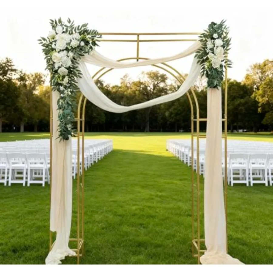 Wedding Arch Backdrop Stand for Garden Photo Booth, Gold Metal Frame, 5.91 x 7.87FT Square Balloon Arch Stand with Sheer Fabric