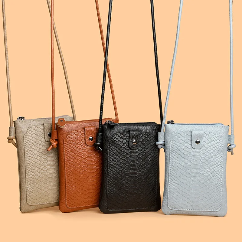 Fashion Women Phone Bag Genuine Leather Crossbody Bags Small Shoulder Bag Casual Snakeskin