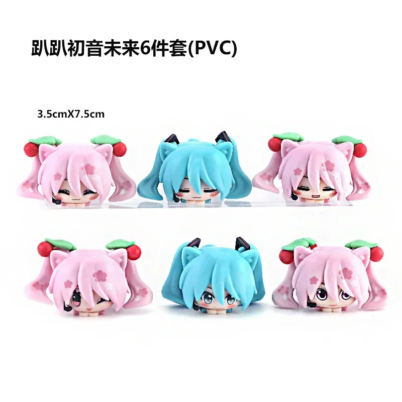 6 pçs/set 2025 anime hatsune miku postura propensa orelhas de gato versão q kawaii figura pvc modelo brinquedos boneca carro ornamentos presentes