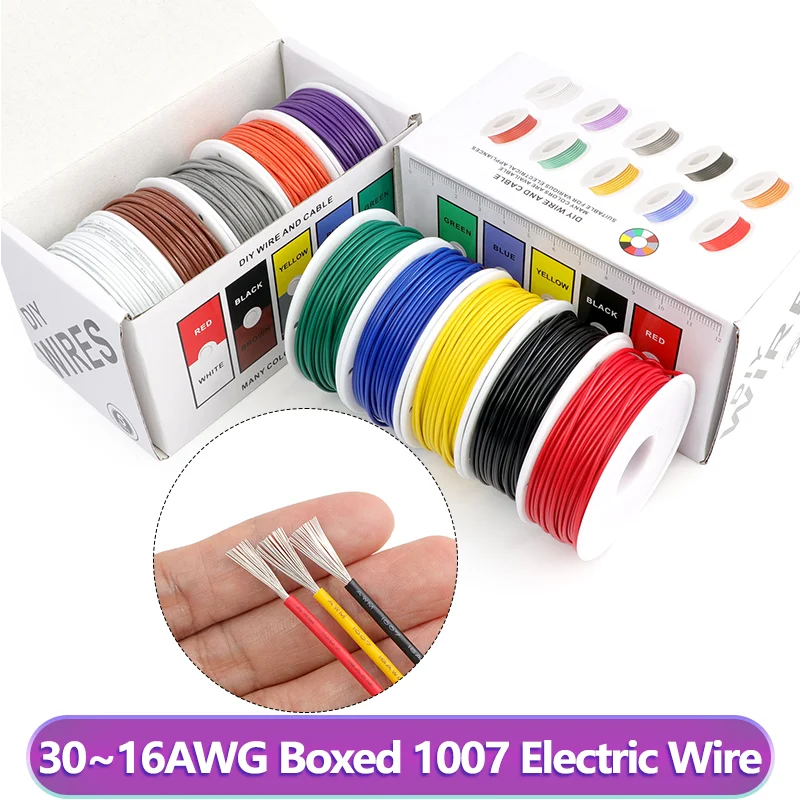 Boxed UL1007 Electric Wire 5 Colors Kit PVC Insulated Tinned Copper Stranded Wire 16-30 AWG Flexible Electrical PCB Jumper Cable