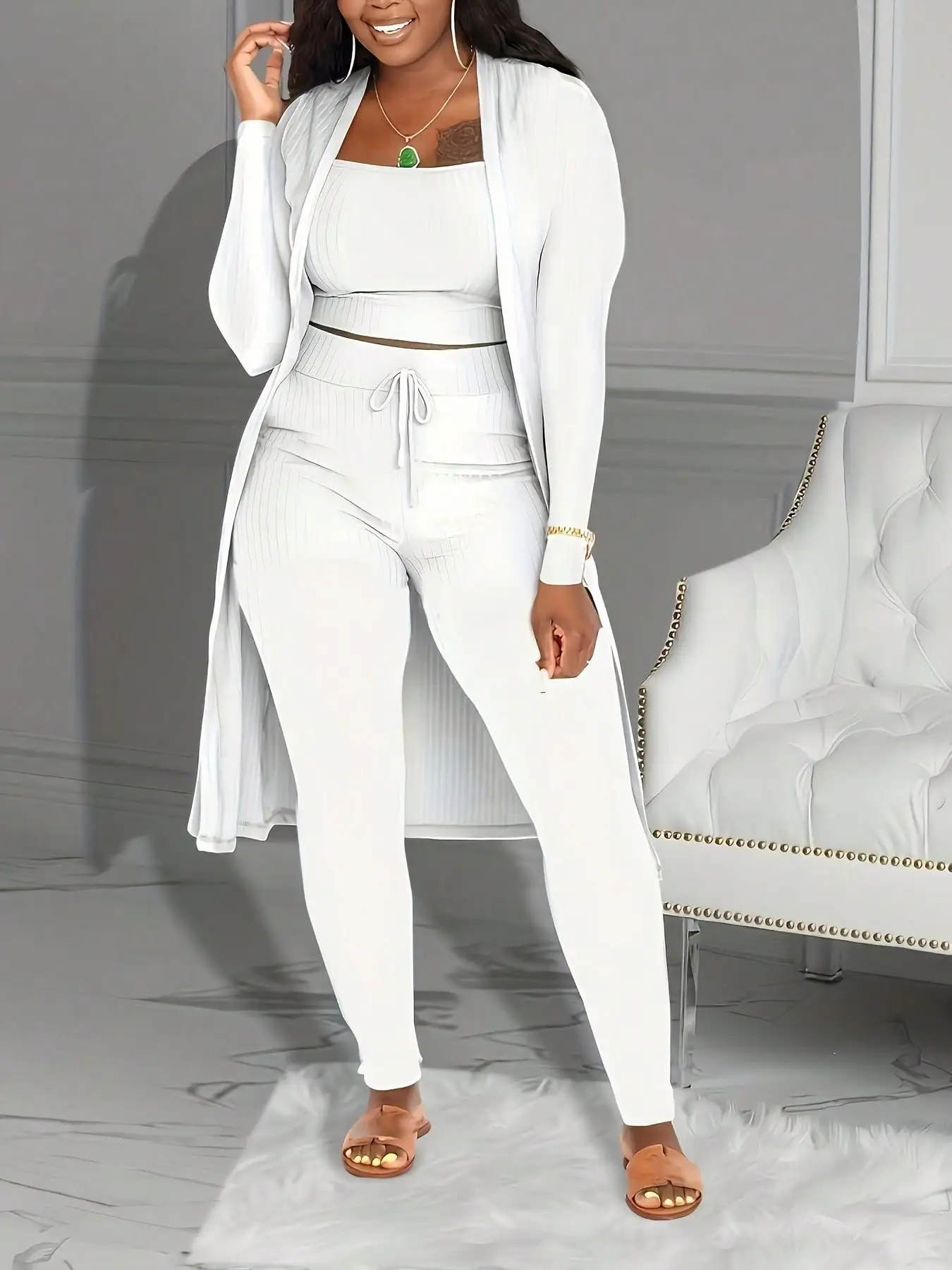 

BWQ Повседневный комплект из 3 предметов в рубчик, укороченный топ + брюки на шнурке с высокой талией + длинный кардиган, женская одежда