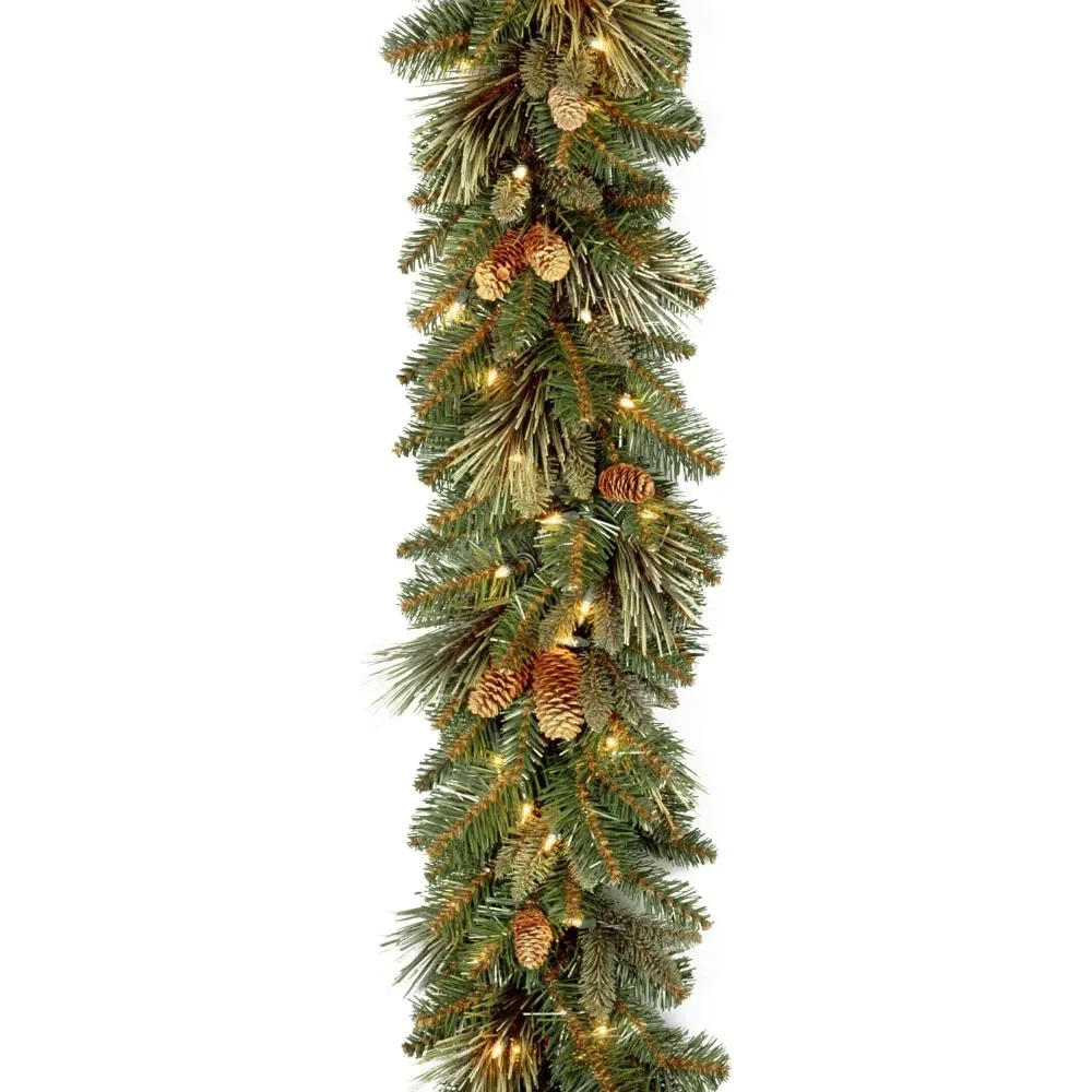 Pre-Lit Artificial Christmas Garland, Green, Carolina Pine, White Lights, Decorated with Pine Cones, Battery Operated, Christmas