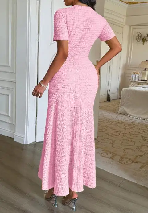 

Solid Color Round Neck Slim Fit Bag Hip Button Decoration Short Sleeved Dress, Summer Women's Small Fragrance Style A-Line Dress