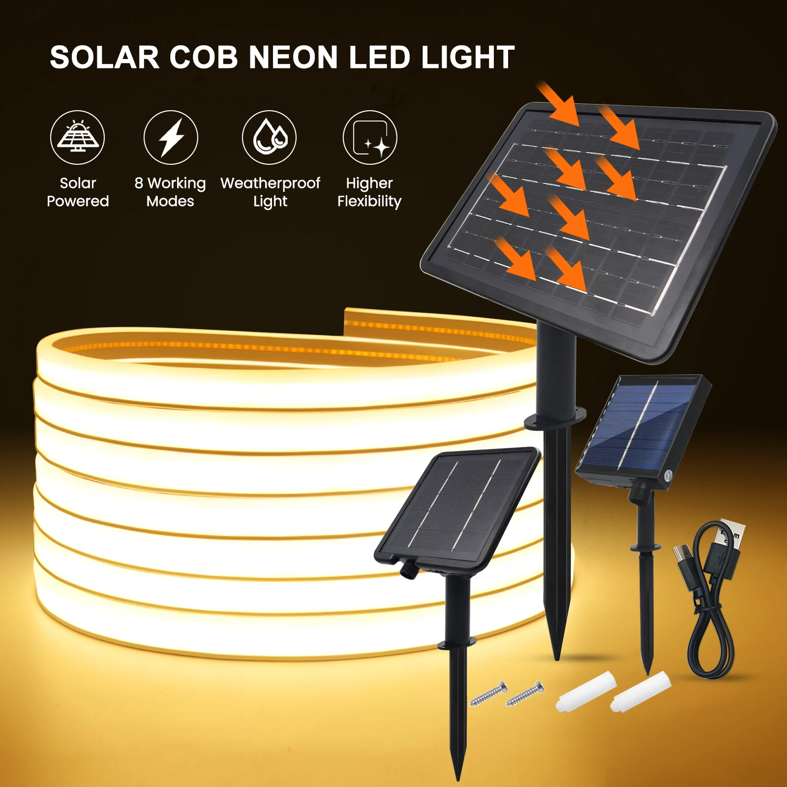 

24V COB Solar Neon Light Strip 320LEDS/m Flexible Lights Waterproof IP65 Warm White 1m 2m 5m 10m LED Strip For Garden Decoration