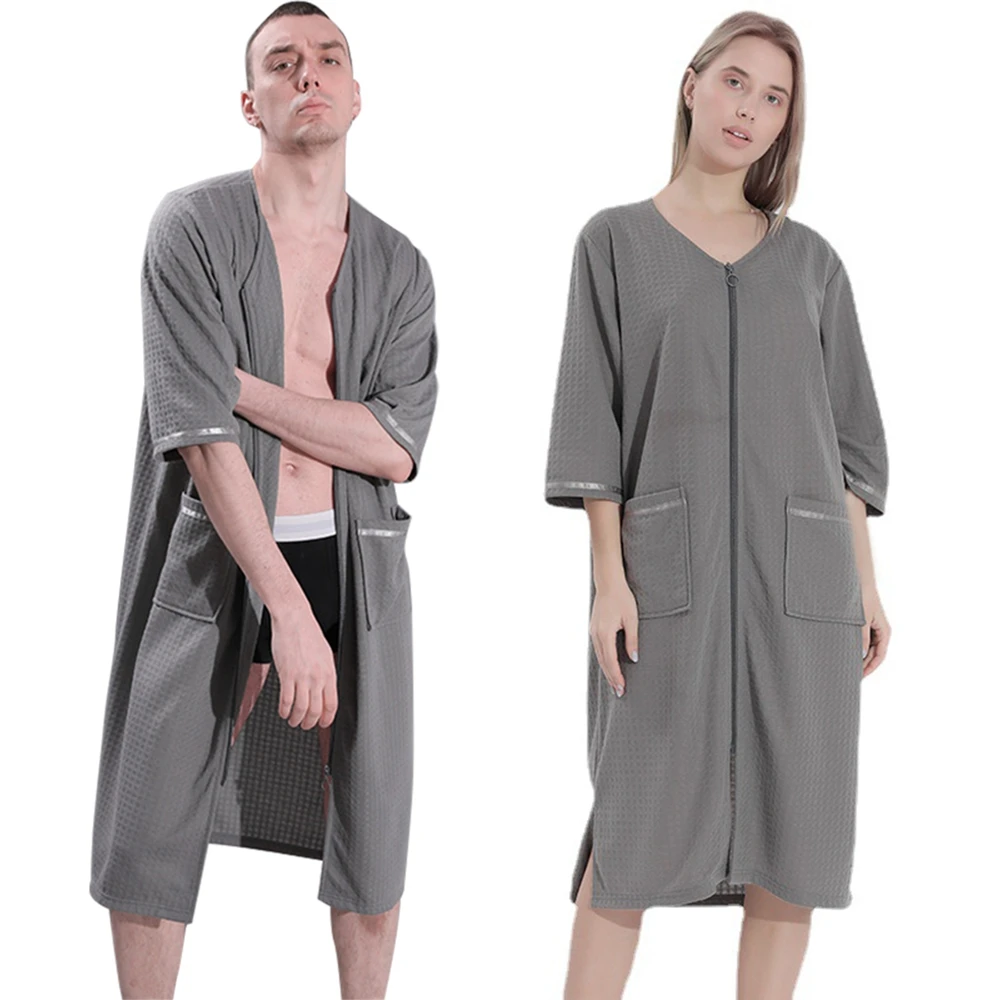 Men Women  Summer Loose Nightgowns Spa Bathrobe V-neck Soft Sleepshirt Robe Zip up RobeLoungewear Robes Sleepwear Large Size