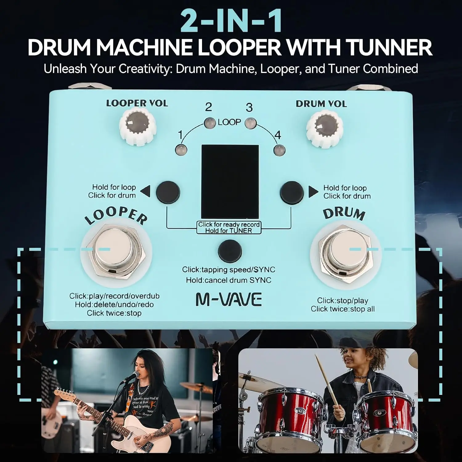 M-VAVE Lost Tempo Guitar Effect Pedal, 2-in-1 Drum Machine & Looper, 30 Drums, 11 Mins Recording, High Precision Tuner