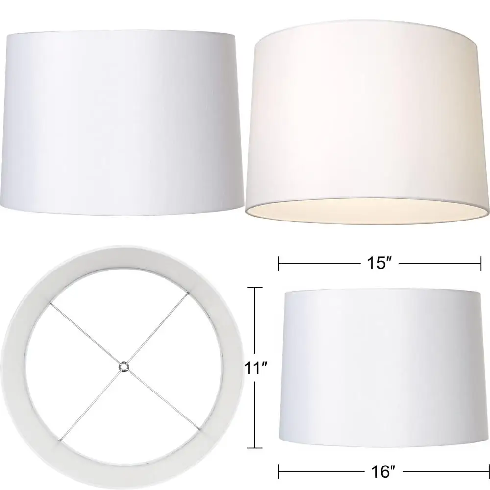 

Large White Fabric Drum Lamp Shade 15 Top x 16 Bottom x 11 High with Spider Fitter, Harp, and Finial - Replacement Shade