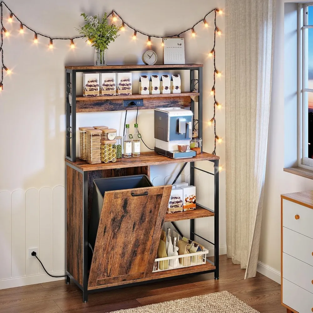 Baking Rack, Microwave Rack with Trash Can Cabinet, 5-tier Kitchen Storage Cabinet with Power Outlet, Tall Coffee Bar Table