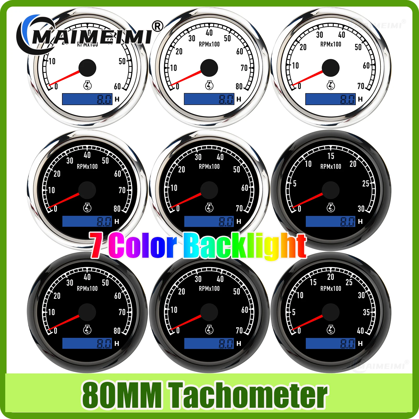 7 Color 80MM Tachometer Gauge 3000RPM,4000RPM,6000RPM,7000RPM with Digital Hour Meter Waterproof for Marine Boat Diesel Engine