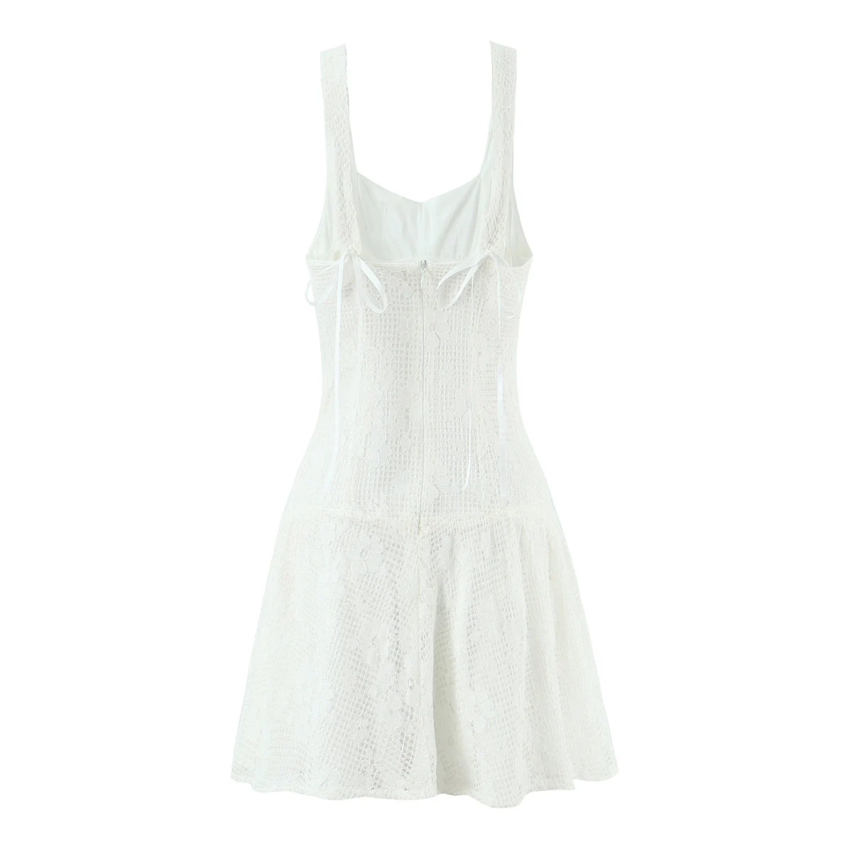 Sexy ricamo bianco scava fuori pizzo fiocco increspato petto fionda mini abito da donna vita bassa impiombato piegato altalena serbatoio abiti