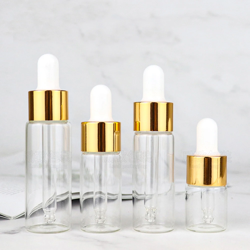 20 قطعة/الوحدة 1 مللي 2 مللي 3 مللي 5 مللي زجاجات قطارة صغيرة زيت طبيعي الروائح زجاجات الكاشف الماصات زجاجات مع غطاء الذهب اللون
