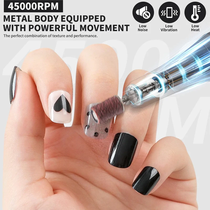 Professional 45000RPM Electric Nail Drill Portable Rechargeable Low-noise Nail Sanding File Nail Tool Nail Drill Polisher