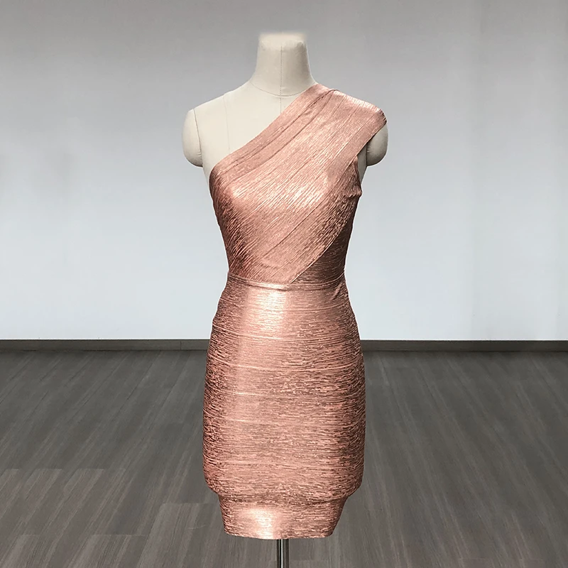 New Pink Foil Color Women Sexy One Shoulder Bodycon Mini Bandage Dress Celebrate Fashion Birthday Party Cocktail Dress