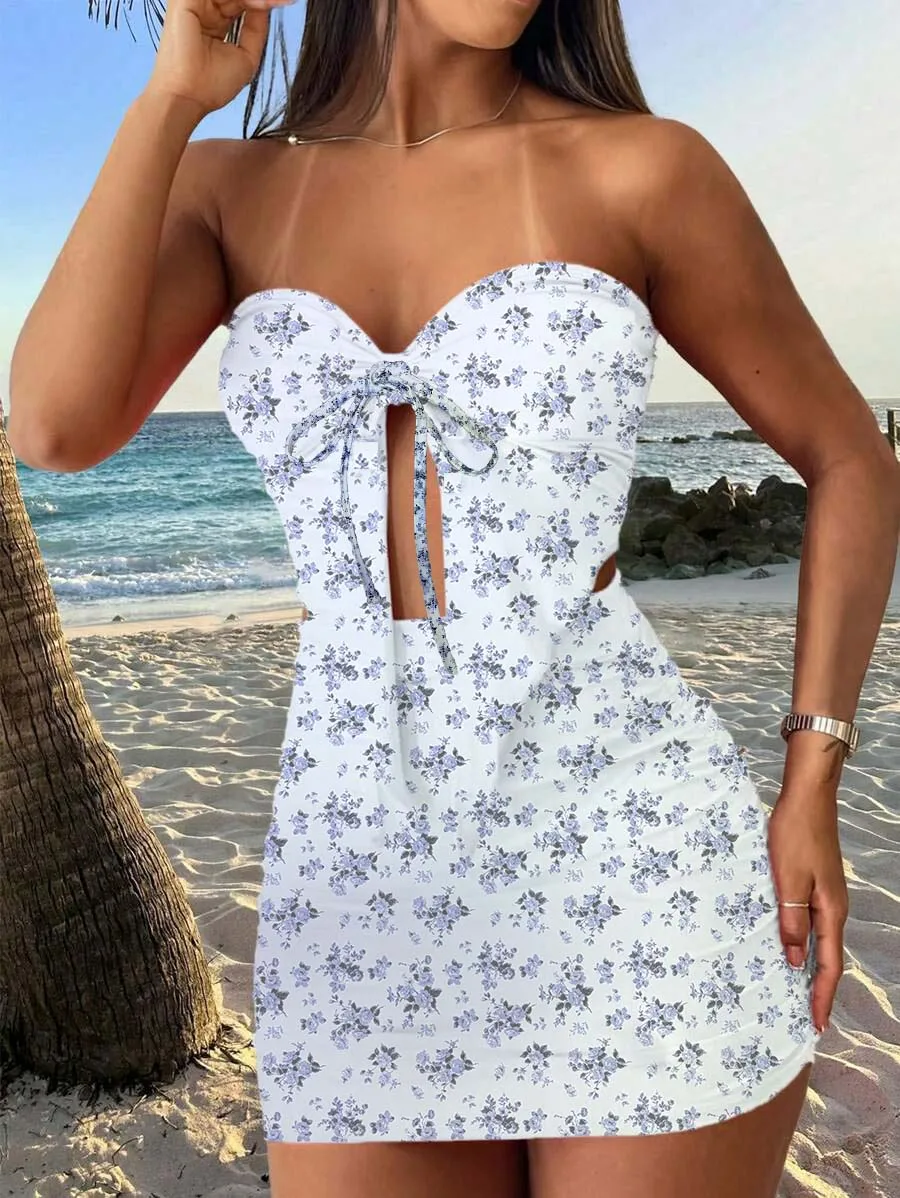 Damen-Minirock mit Blumendruck, Bandeau, figurbetont, Ausschnitt an der Taille