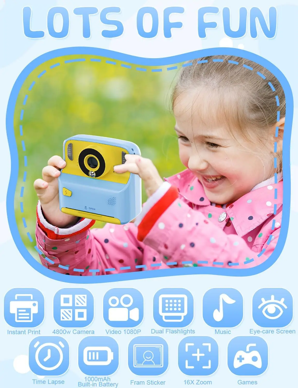 Kids Camera Instant Print 1080P HD 16X Zoom Selfie Digitale Camera voor Meisjes Jongens Kerst Verjaardagscadeautjes Speelgoed met 32G Set
