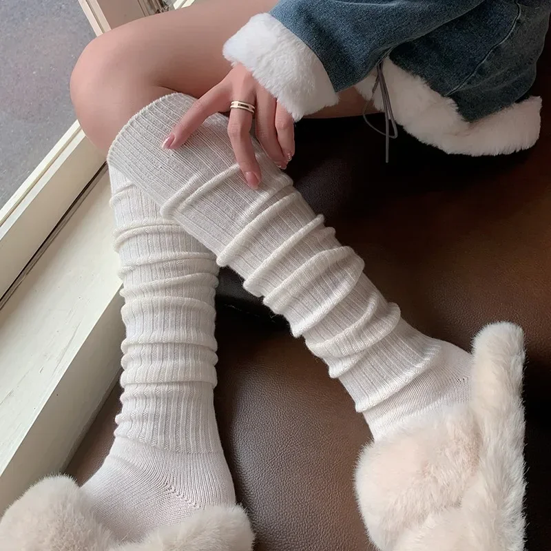 Calcetines largos de Cachemira de lana para mujer, medias gruesas y cálidas hasta la rodilla, calcetines de punto japoneses de Color sólido, Otoño e