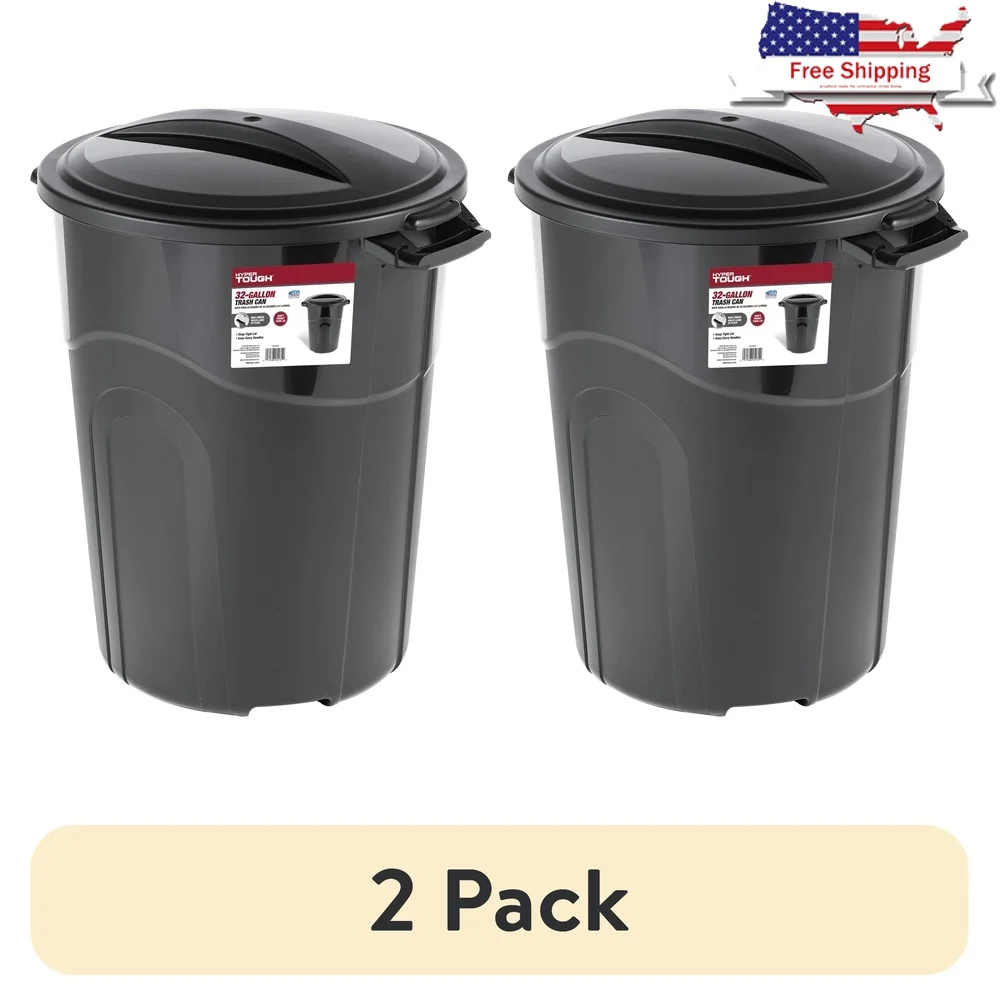 

2 упаковки, 32 галлона, сверхпрочный пластиковый мусорный бак с крышкой, для использования в помещении и на открытом воздухе, прочные ручки, дизайн с замком Click Lock, управление отходовми