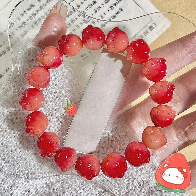 Chinese Style Lucky Fortune Blessing Wealth Attracting White Bodhi Root Beaded Bracelet 9-13mm Cute Gradient Strawberry Cat Paw