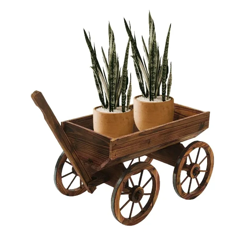 New Design Wood Flower Planter Station Garden Wagon Decor with Wheels Raised Garden Bed Planter Box For Outdoor Backyard Balcony