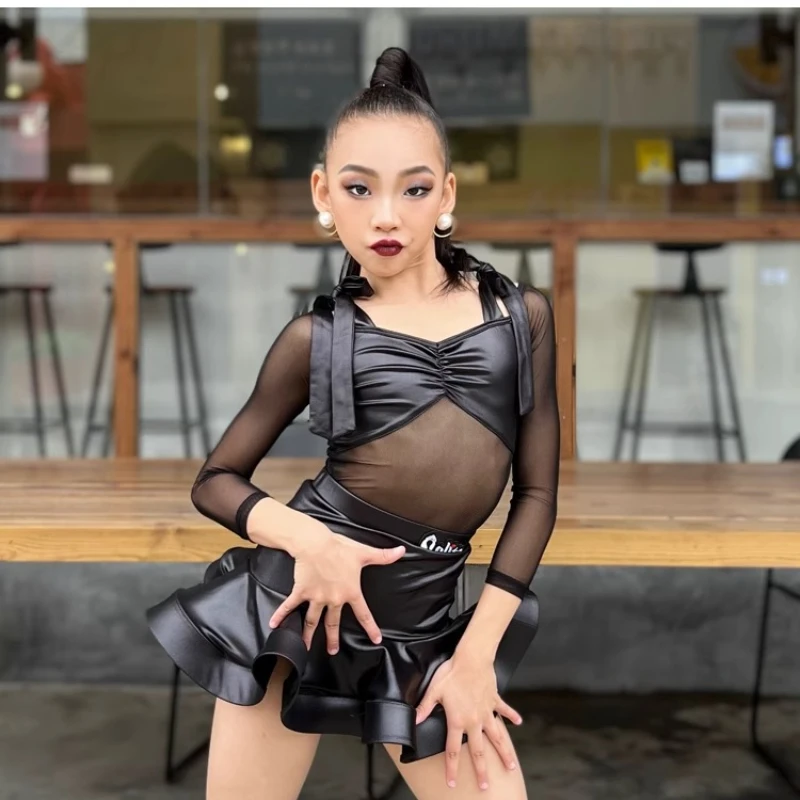 Kids Girls Lolita Latin Dance Clothing Outfit Set Long Sleeve Leather Mesh Lace-up Top Pants Stage Performance Clothes