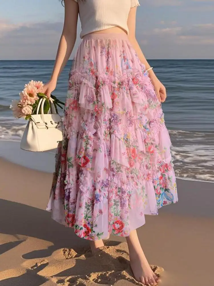

French Vintage Women's Flower Elegant Vacation Long Skirts Summer High Waist Ruffle Edge Versatile Cake Skirt Bohemian Clothes