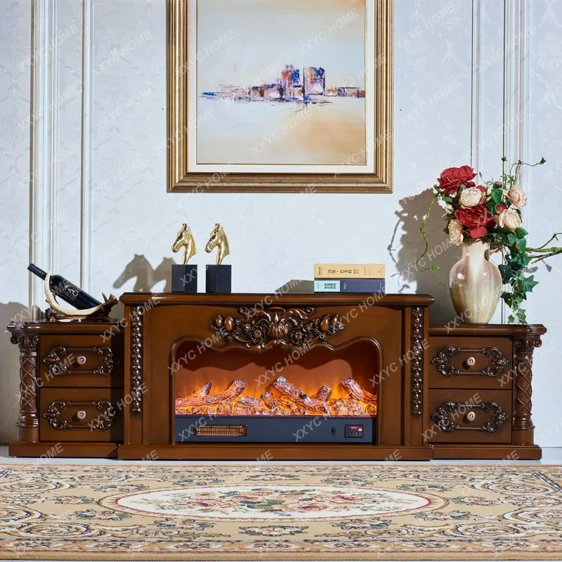 L2.05 meter carved gold-painted fireplace living room solid wood decorative cabinet TV cabinet heating electronic