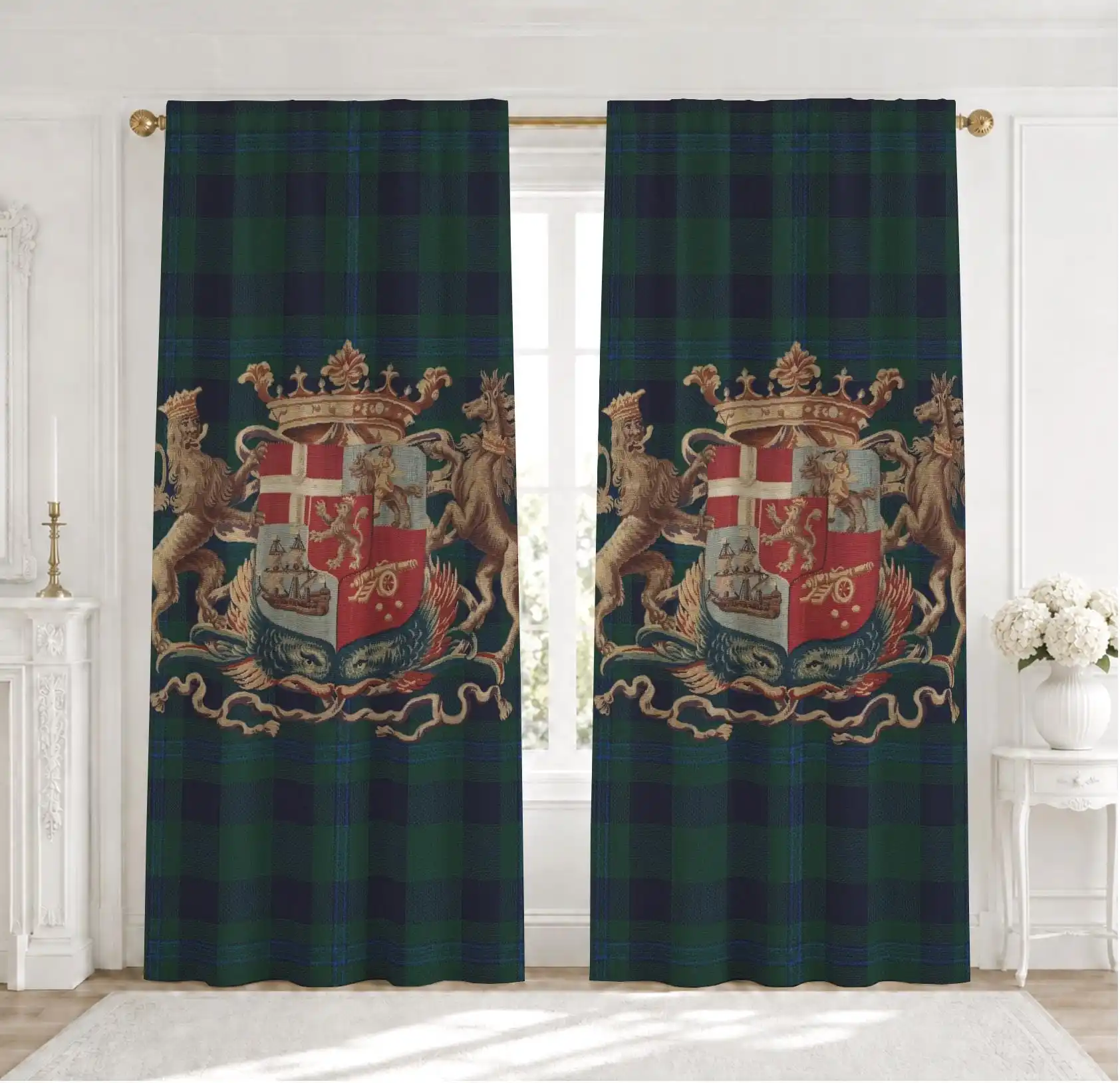 Vintage Crest Family Coat of Arms Pattern Green Plaid Curtains for Living Room Home Decor Window Treatment