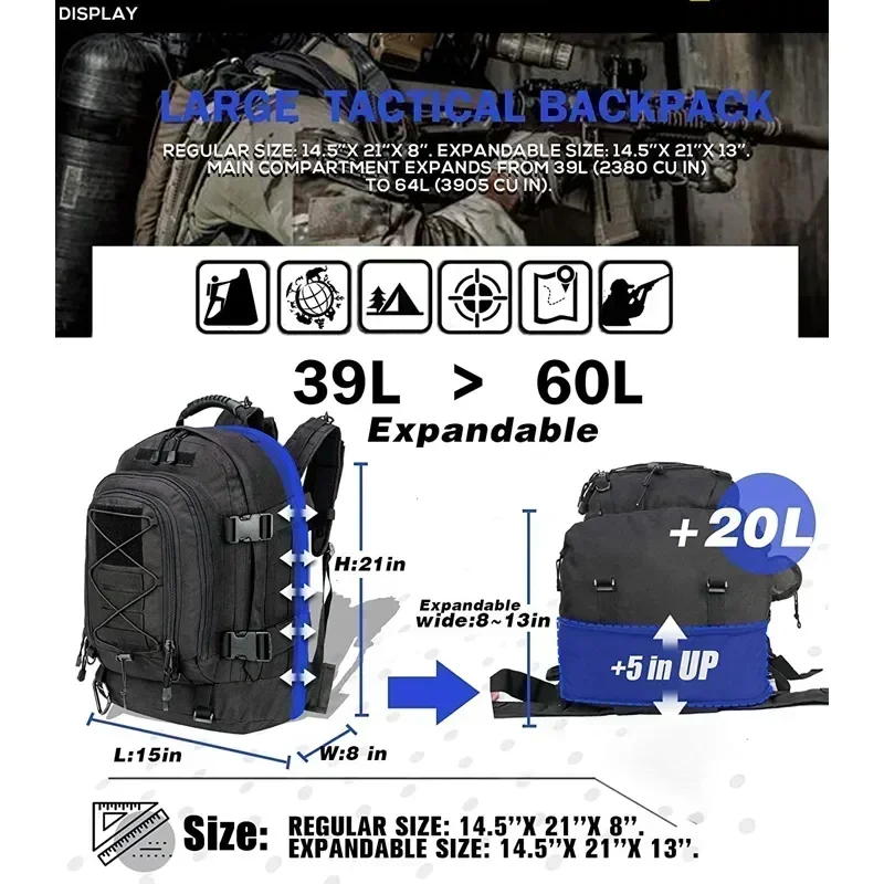 Imagem -06 - Mochila Tática ao ar Livre Extra Grande para Homens e Mulheres Resistente à Água Caminhadas Viagens Mochilas para Laptop 60l