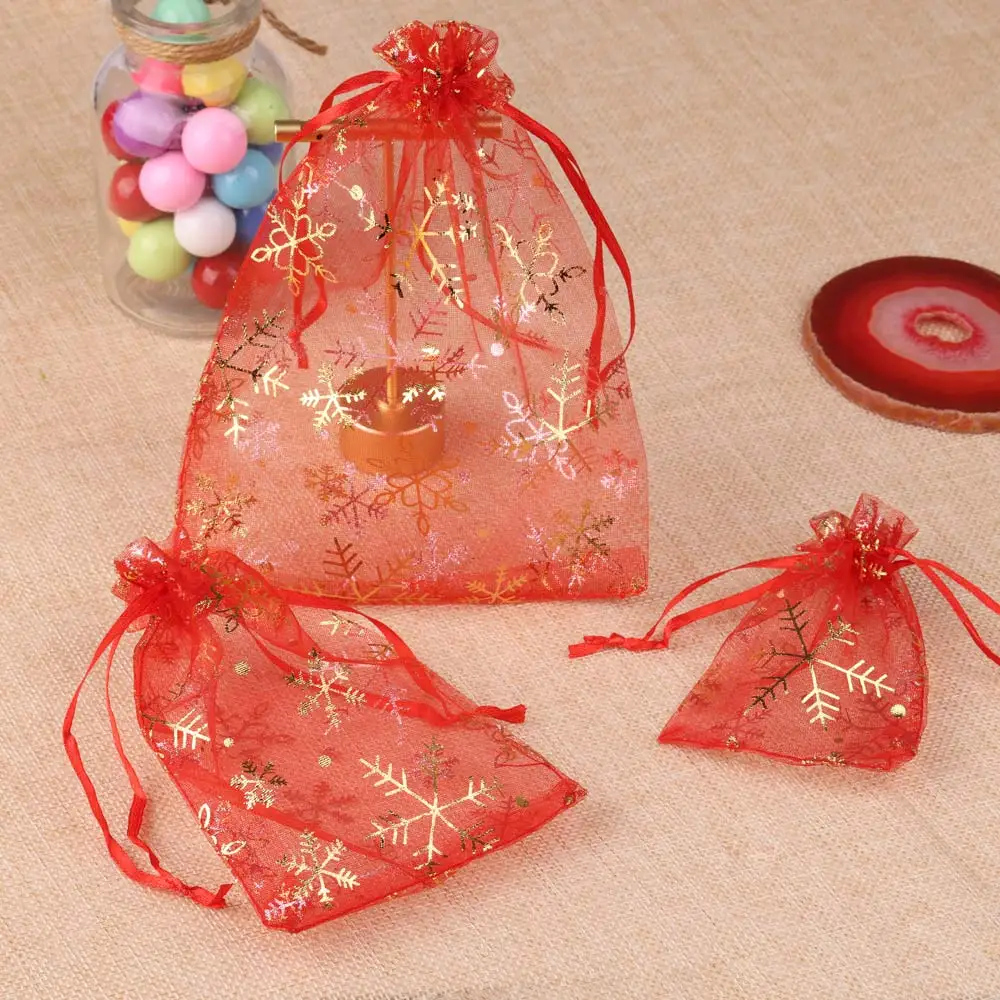 50pcs/lot 7X9 9X12 10X15 13x18cm New Snowflake Print Organza Jewelry Bags Wedding Candy Christmas Gift Packing Pouches