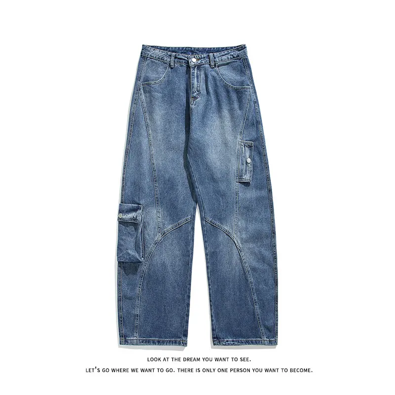 2026 Spring Men Retro Washed Denim Jeans Men High Street Loose Wide Leg Pants Male Casual Workwear Trousers Men Denim Pants