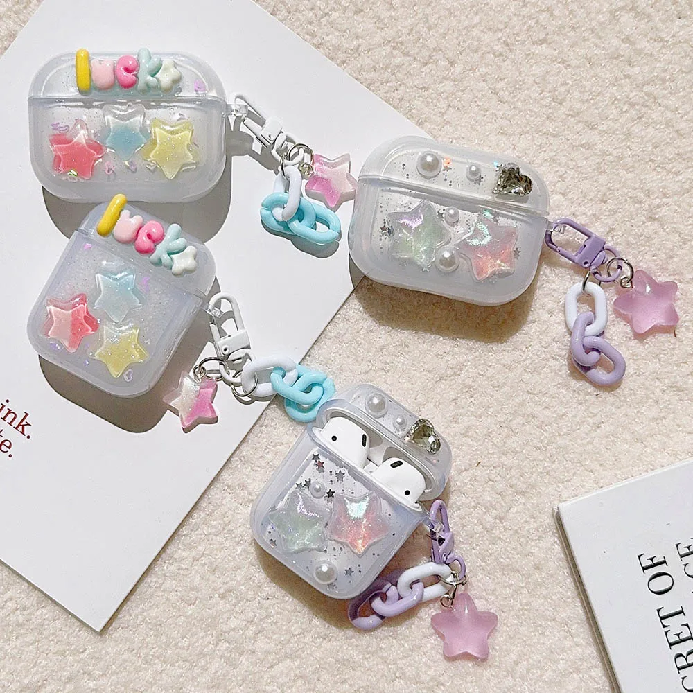 Stylish 3D Luck Stars Pearl Glitter Love Heart Ornament Case for Apple AirPods 1 2 3 4 Air Pods Pro 2 Earphone Protective Cover