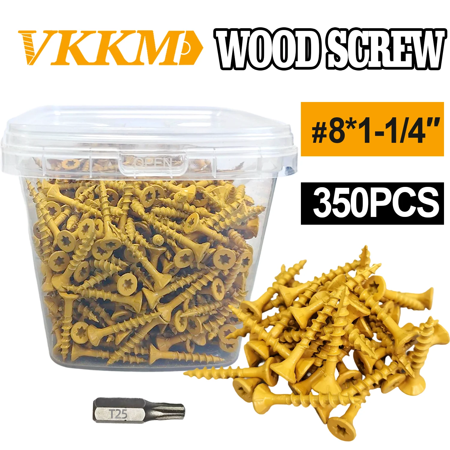

VKKM #8*1-1/4 350Pcs T25 Plum Blossom Head Yellow Wood Screw, Yellow Coating Anti-rust Self-tapping, Woodworking/furniture
