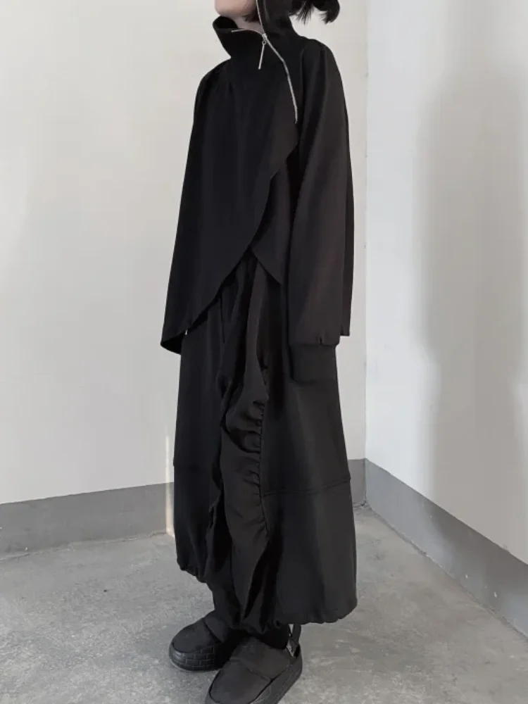 Japanese Harajuku style spicy girl Gothic side zipper high neck sweatshirt autumn and winter Y2K women's slit black loose top