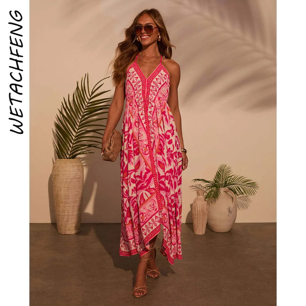 Sexy Elegant V Neck Floral Maxi Dresses Women Summer Holiday Boho Beach Evening Printed Slip Dress Clothes 2025 Fashion Robe