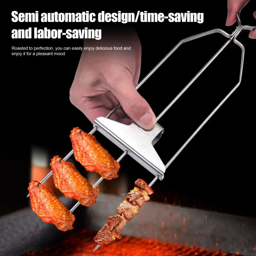 Outdoor Cooking Skewers 3 Prong Stainless Steel Bbq Skewers with Push-off Slider Reusable Metal Kabob Skewers Outdoor Grill